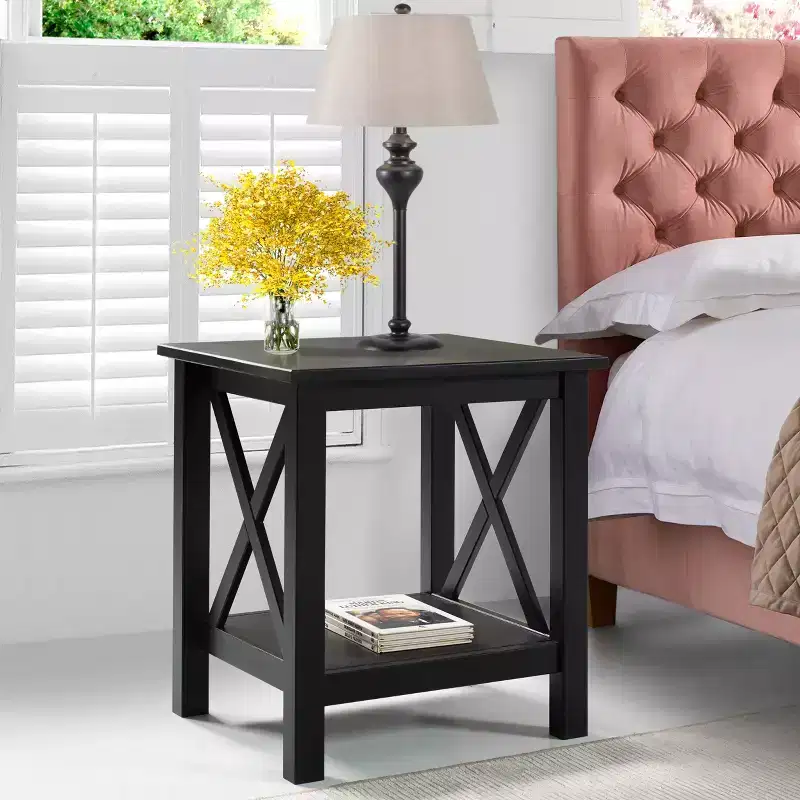 Solid Pine End Table with Lower Shelf, Black Finish, 20