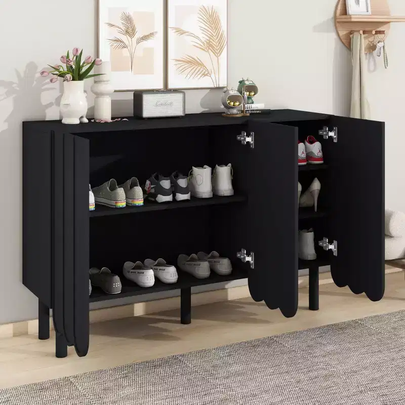 Cream Style Minimalist Shoe Cabinet with 5 Solid Wood Legs, Sideboard Buffet Cabinet with Adjustable Shelves and Wave Doors 4B - ModernLuxe