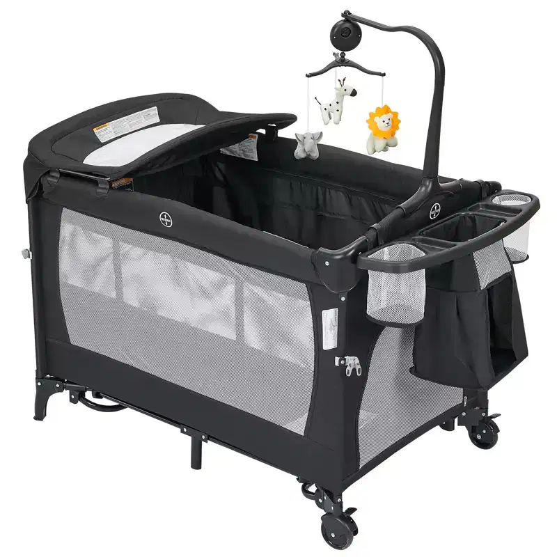 3-in-1 Foldable Baby Playpen with Bassinet & Changing Table, Portable Pack and Play Travel Mesh Playard with Toys & Wheels for Newborn Toddler