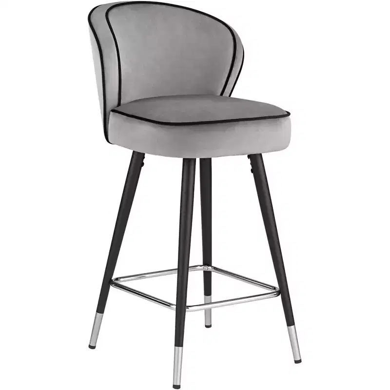 Chrome Metal Bar Stool Black Silver 27 3/4 High Modern Gray Velvet Upholstered Cushion for Kitchen Counter Height Island Home Shed
