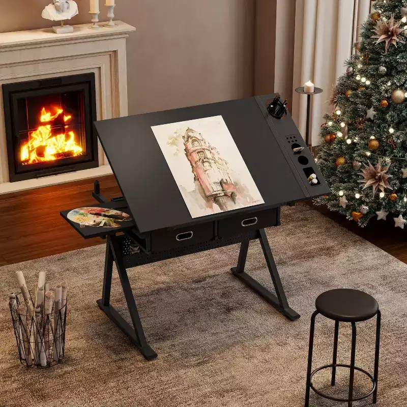 Adjustable Drawing Drafting Table with 2 Drawers & Shelf