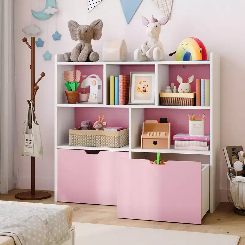 Pink and White Kids Toy Storage Organizer, Wooden Toy Storage Cabinet, Playroom Storage Cubby, Toys Organizers and Storage for Bedroom, Nursery