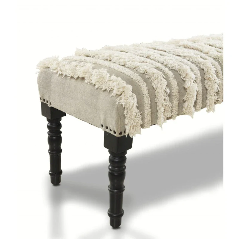 Cotton Upholstered Bedroom Bench with Solid Wood Legs, Striped, Nailhead Trim — 47