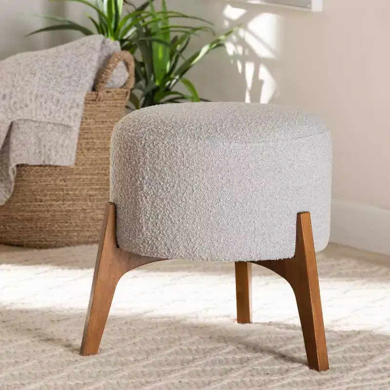 Ottoman Footstool – Light Gray/Walnut Brown, Japandi Style, Tapered Legs