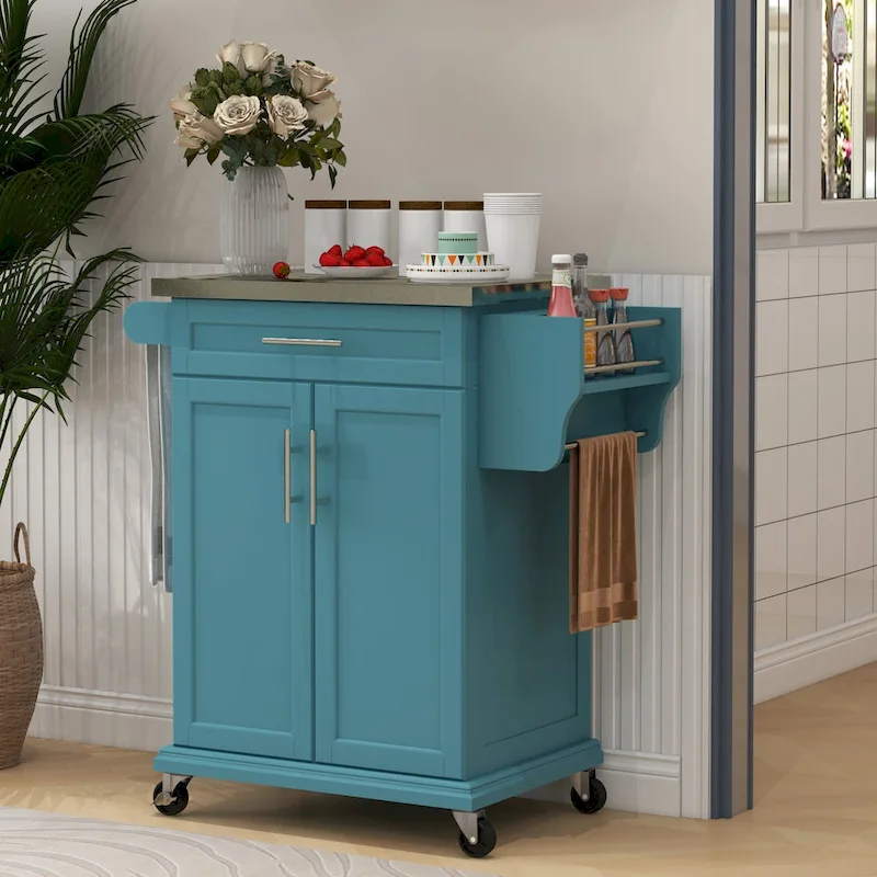 Kitchen Island on Wheels, Rolling Kitchen Cart with Stainless Steel Countertop, Drawer, Gray