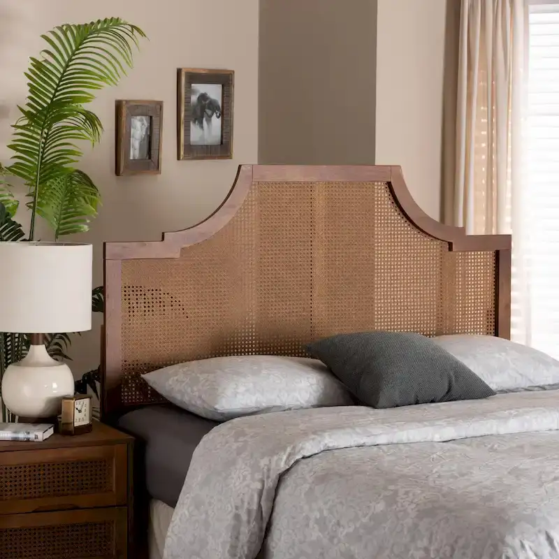 Mid-Century Modern Ash Walnut Finished Wood and Rattan Headboard