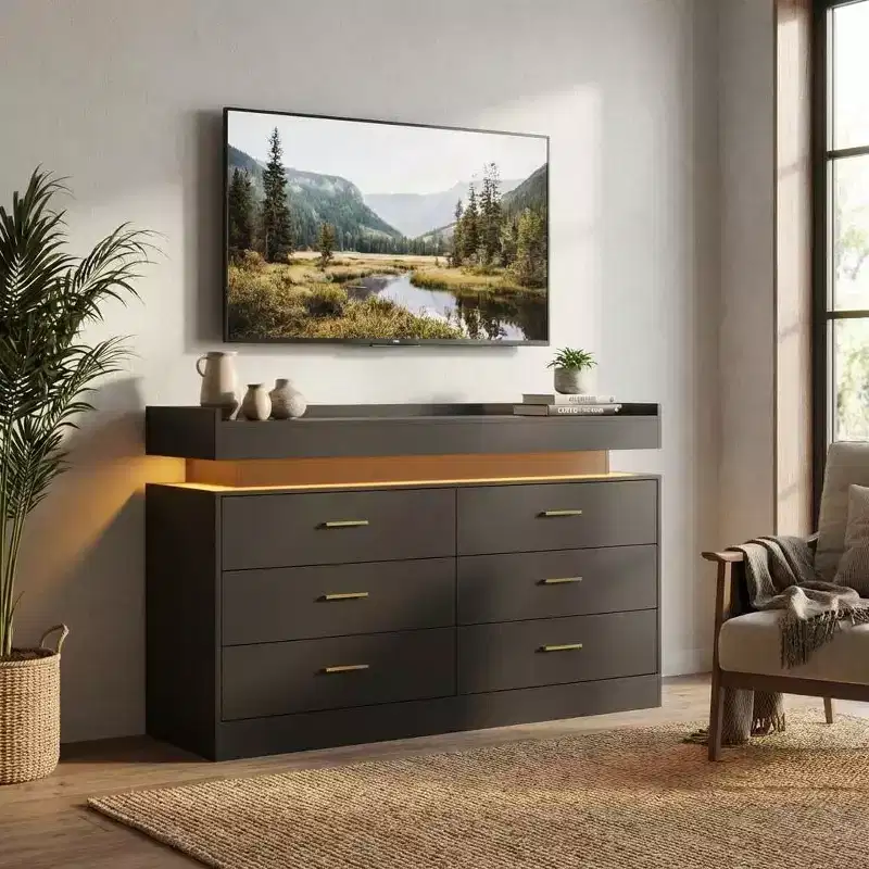 Modern TV Stand with 6 Drawers & LED Lights, Floating Countertop Coffee Bar for Living Room Entertainment Center