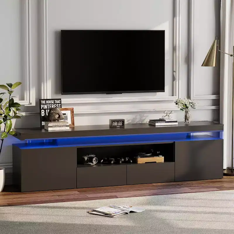 TV Stand for 75/80/85 Inch TV, Modern High Gloss Entertainment Center, Glass Storage Shelves, Media Console Table for Living Room & Bedroom