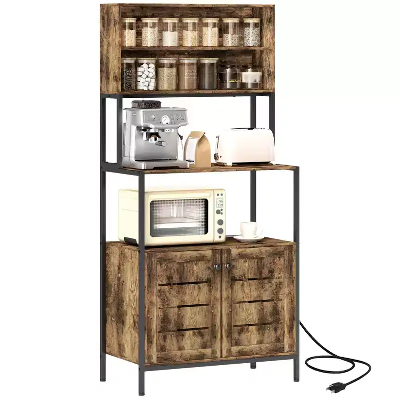 HOMCOM Baker's Rack with Power Outlet, Coffee Bar Cabinet with Storage Shelves, Microwave Stand with Louvred Door Cabinets, Rustic Brown