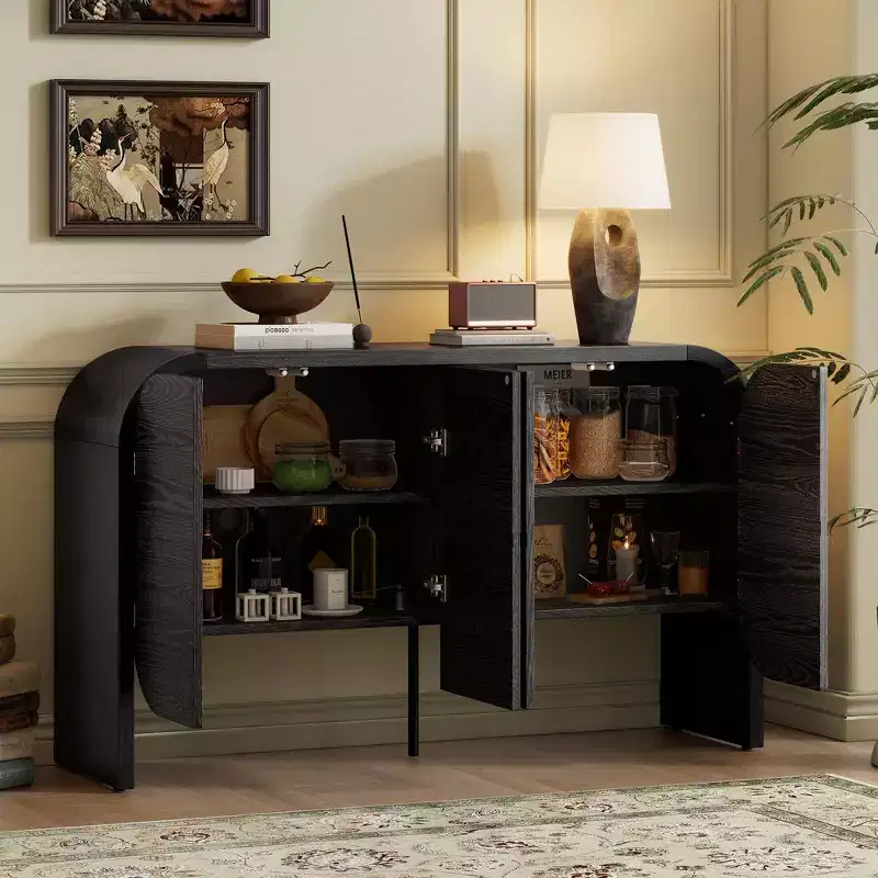 Four-door retro buffet cabinet, wood sideboard with large storage and rounded corners, perfect for living room or entryway, black, 29-inch.