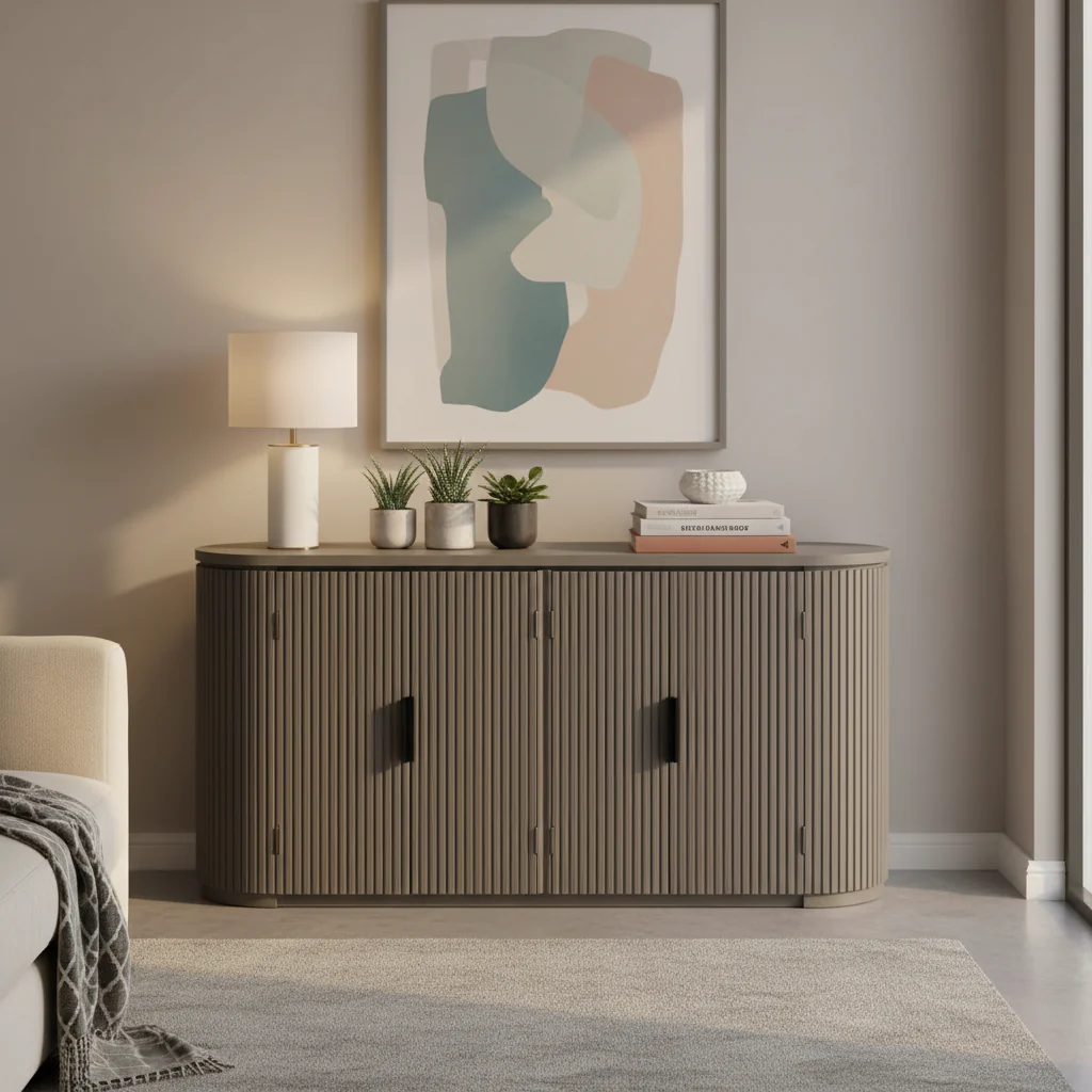 Vertical Stripe Door Sideboard Cabinet – Brown, MDF, Adjustable Shelves