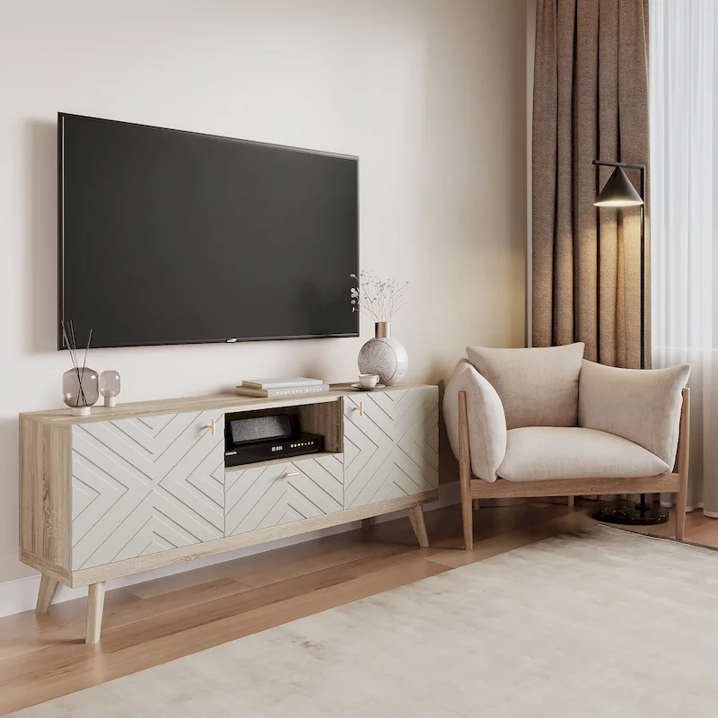 Mid-Century Modern TV Stand Console with Drawer, Beige, Fits TVs up to 65 in, Wood Legs