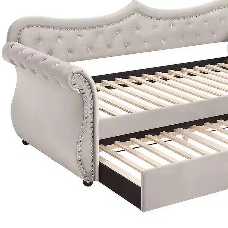 Twin/Full Upholstered Bed Frame, Beige Velvet, Platform Base for Kids or Adults