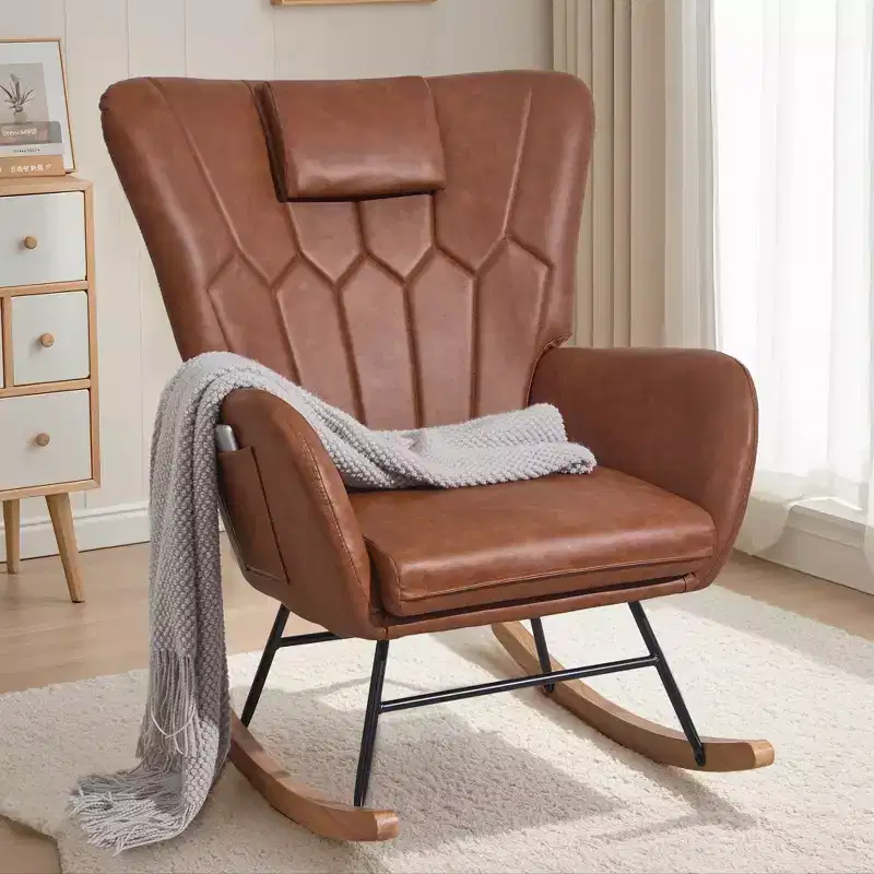 Upholstered Faux Leather/Teddy Fabric Rocking Chair Modern Glider Rocker Recliner with Thick Headrest Padded Seat White/Brown/Pink