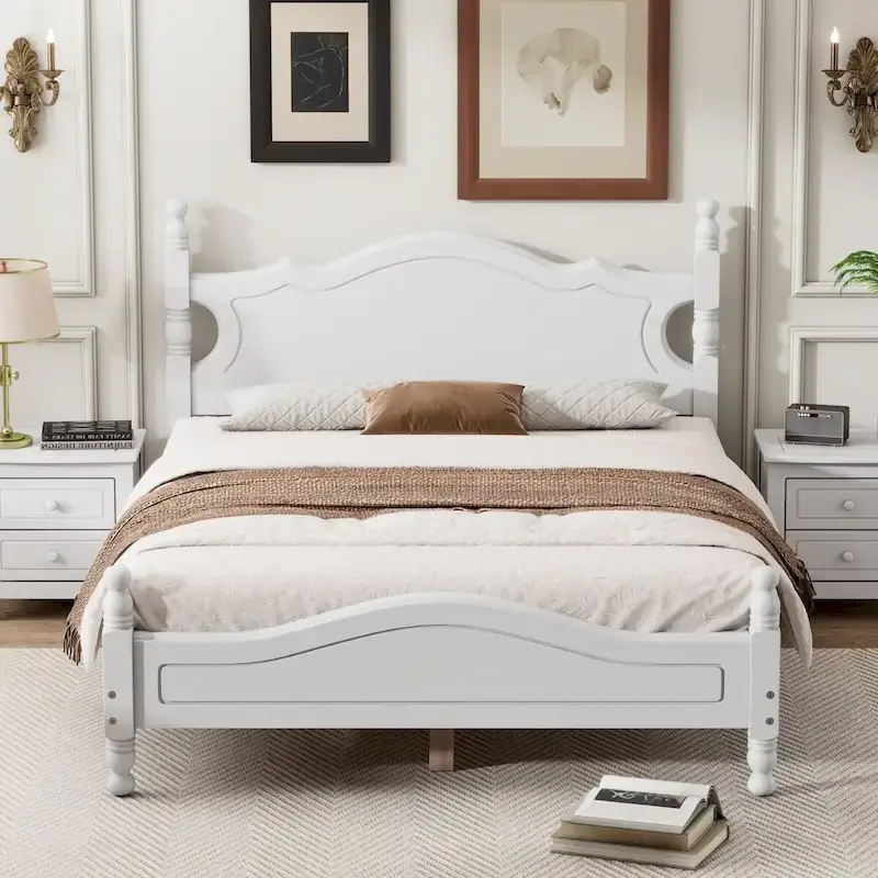 Full Size Retro Style Wood Platform Bed Frame | Vintage Bedroom Furniture