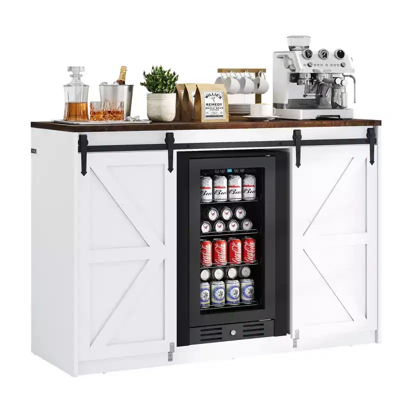 Farmhouse Mini Fridge Cabinet with Built-In Fridge Space, Power Outlet & Sliding Barn Doors