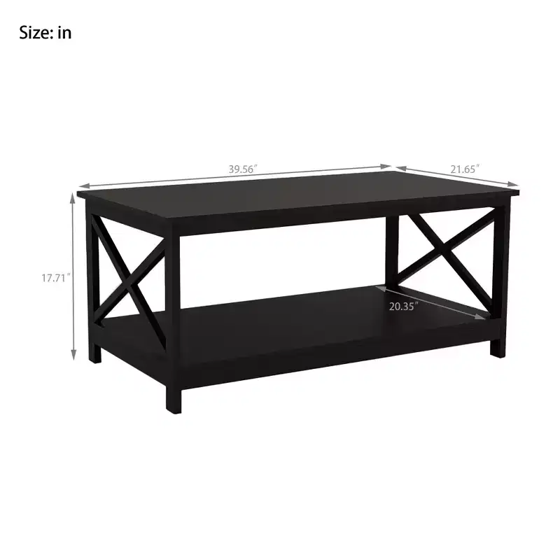 39.57 in. Black Rectangle Wood Coffee Table with Shelf