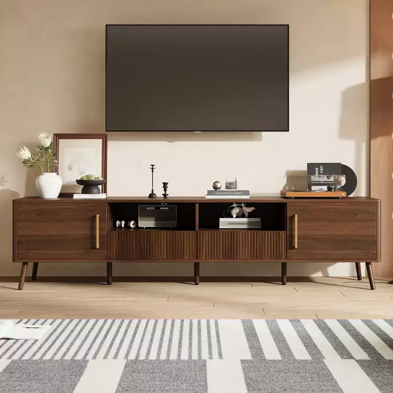 78 TV Stand for TVs up to 85, Modern TV Console Fluted Media Console Walnut TV Cabinet Media Entertainment Center with Soft-Close Door - ModernLuxe