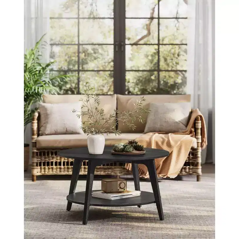 Round Coffee Table, 32''Circle Coffee Tables with 2-Tier Storage Shelf, Easy to Assemble for Living Room