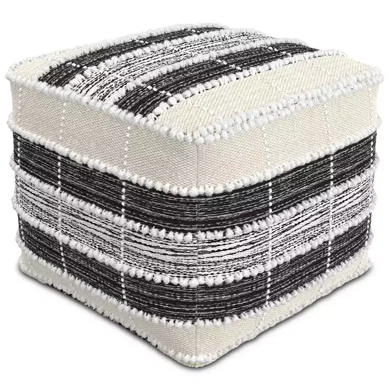 Highland Square Pouf White/Beige/Black - WyndenHall: Indoor/Outdoor, UV Resistant, 250lb Capacity