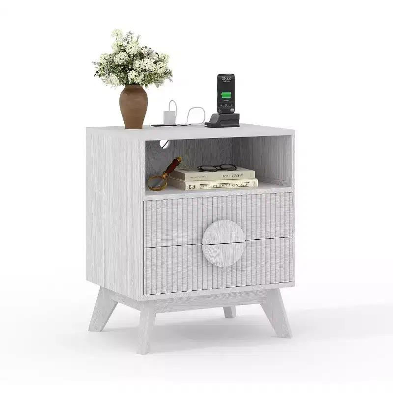 Fluted Night Stand Set of 1, Wood Nightstand End Table with 2 Drawers, Open Shelf and Feet, for Bedroom Living Room Grey