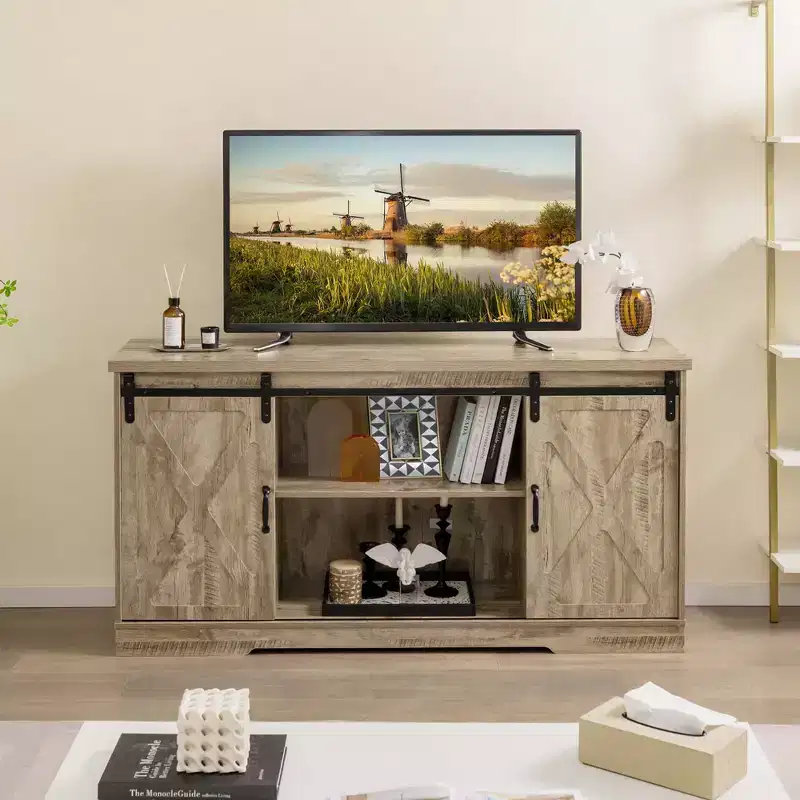 Farmhouse TV Stand with Sliding Barn Doors and Adjustable Shelves for TVs up to 65