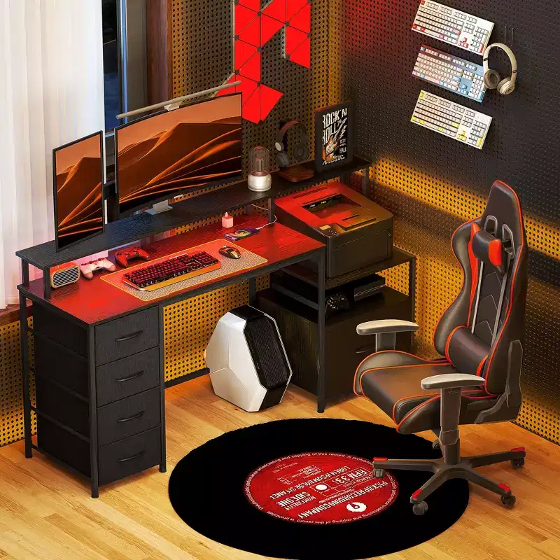 Computer Desk with Power Outlets and LED Lights, 67 Computer Table with File Cabinet and Fabric Drawers