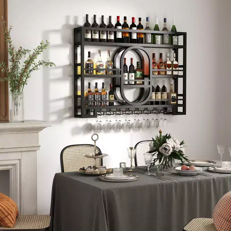 Wall Mounted Wine Rack, Metal Floating Bar Shelves with Wine Glass Holder, 39