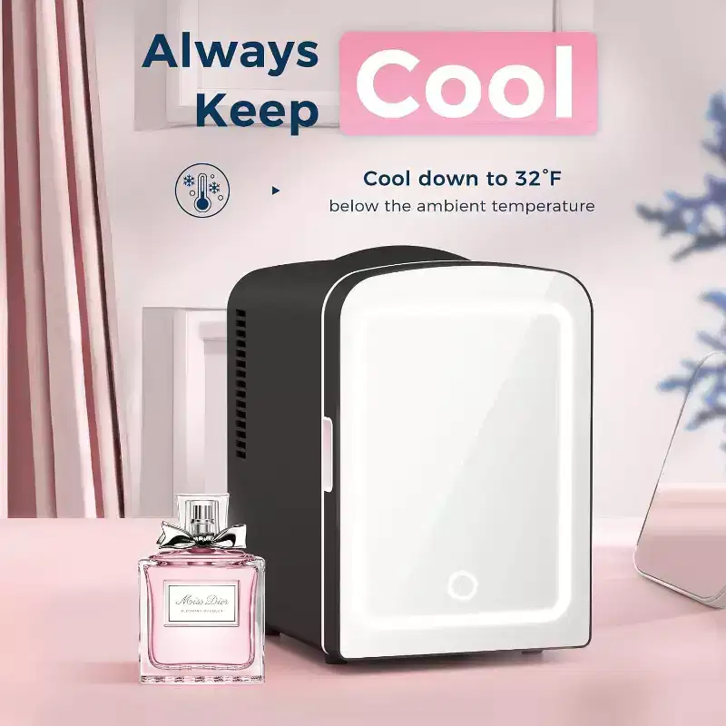 ZAFRO Makeup Compact Refrigerator With Mirror, 4L Mini Fridge for Bedroom, Car, Office & Dorm, Portable Small Cooler for Cosmetics, Skin Care