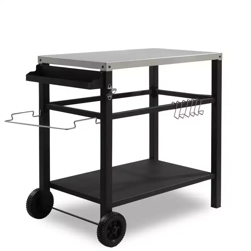 3-Shelf Outdoor Grill Cart Movable BBQ Trolley with Two Wheels and Hooks