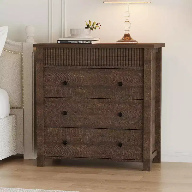 3 Drawer Dresser for Bedroom Nightstand, Wooden Chest of Drawers, Fluted End Table, Storage Organizer for Living Room, Hallway and Entryway