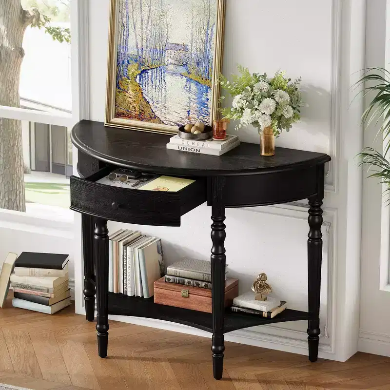 GDFStudio Malory 39 Farmhouse Half Moon Console Table with Drawer and Shelf