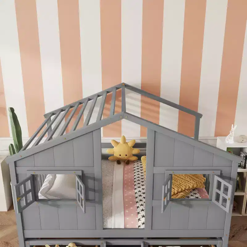 Whisen Full Size House Loft Bed with Roof, Windows, 4 Drawers and Guardrails for Children