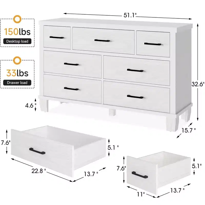 Drawer Dresser, Modern Wooden Bedroom Chest of Drawers With Storage Drawers, Farmhouse Style TV Stand for Living Room, Bedroom, Hallway, White