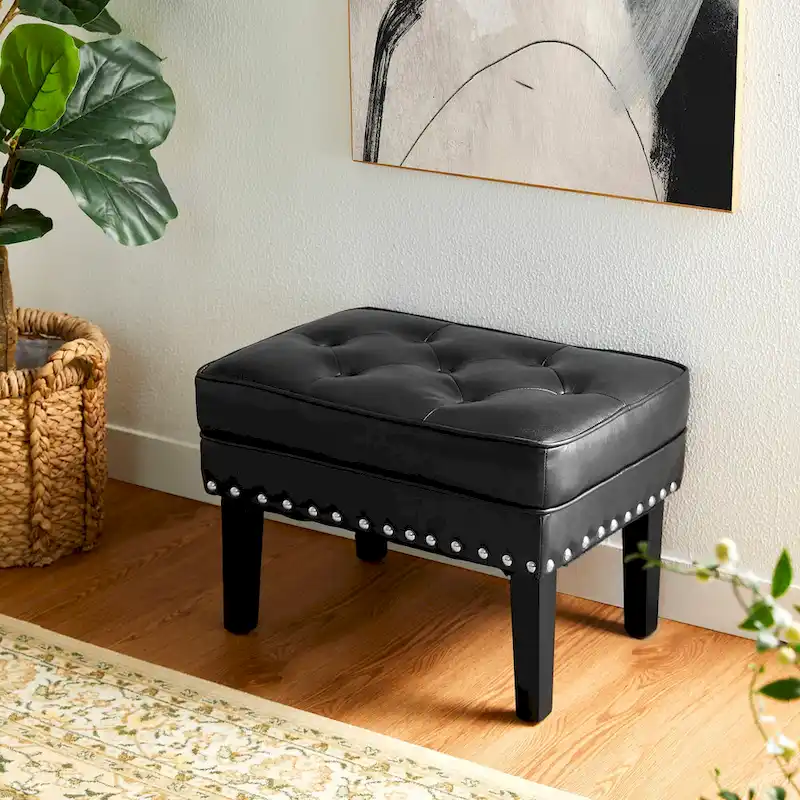 Black / Coffee Mid-Century Button-Tufted PU Leather Ottoman