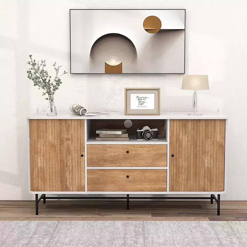 Buffet Sideboard TV Stand with Sliding Tambour Doors and 2 Storage Drawers