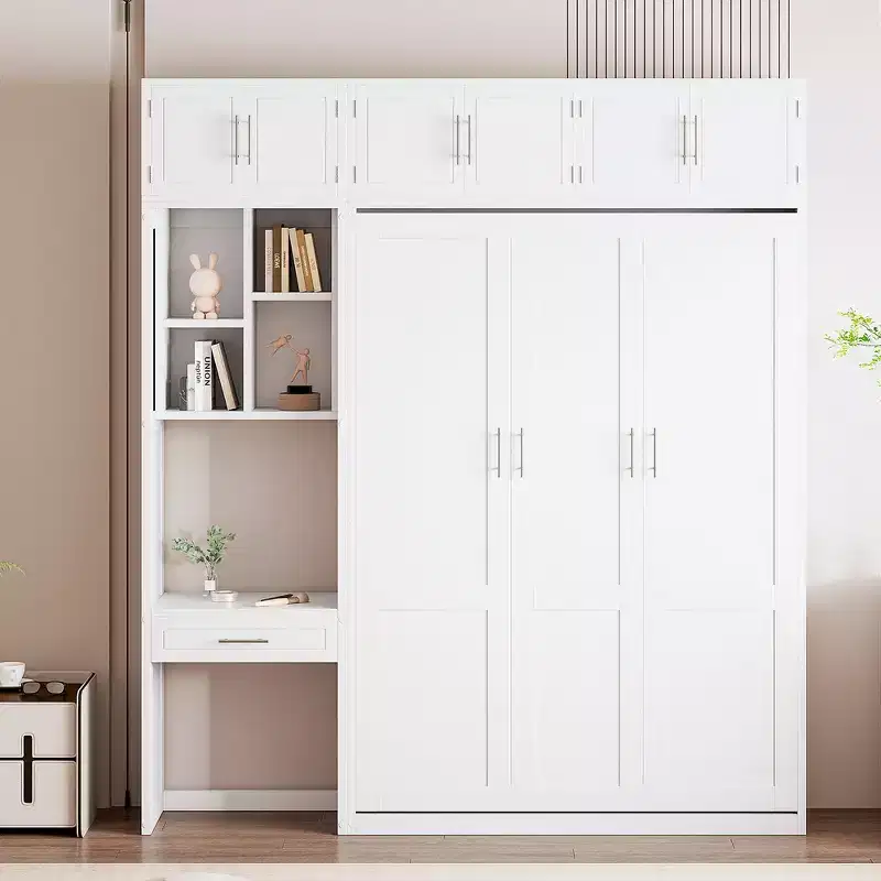 Twin Size Wall Murphy Bed with Top Cabinet, Shelves, Space Saving Foldable Bed with Light & USB