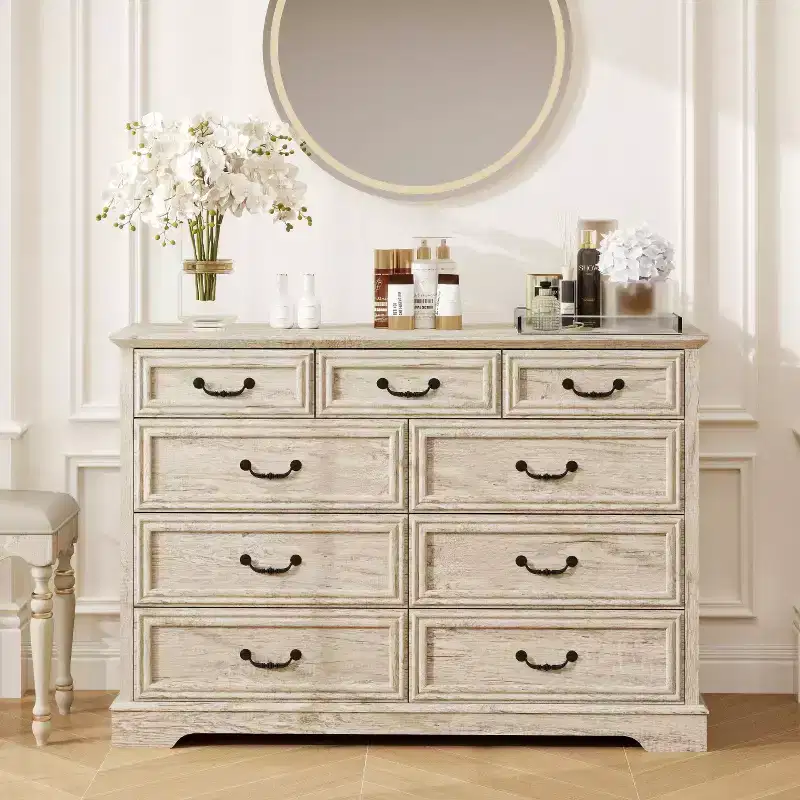 Dyonery Farmhouse Drawer Dresser, 9 Drawer Chest with Wood Top, 52 Wide Storage Organizer for Bedroom, Living Room, Entryway