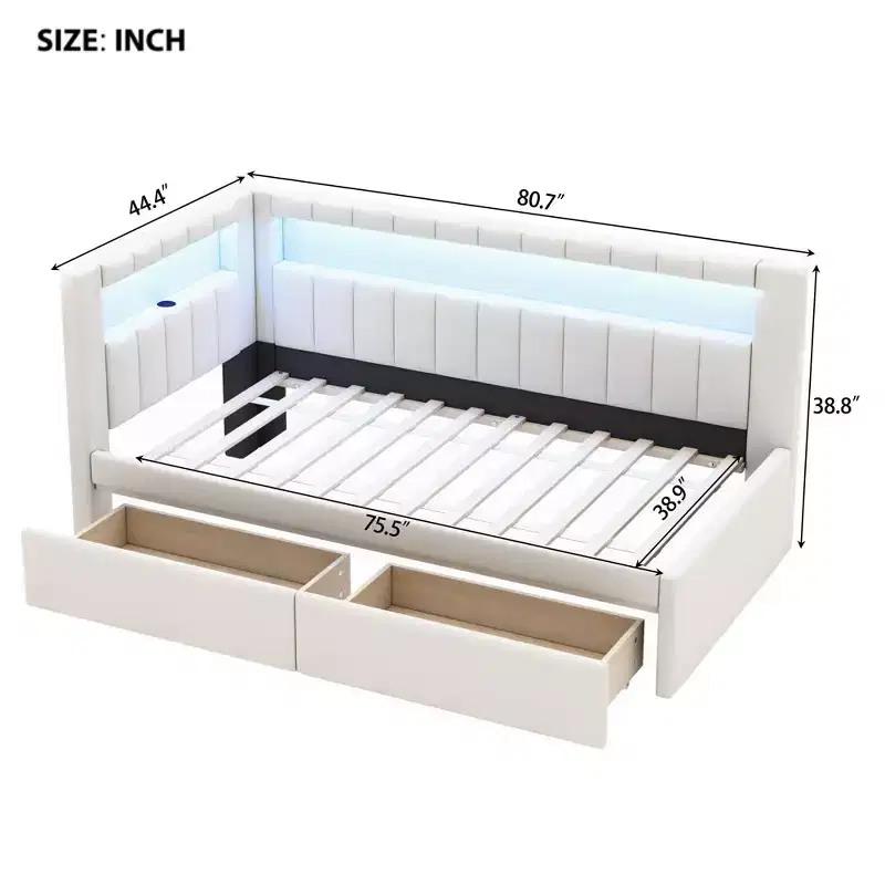 Upholstered Twin Platform Bed with USB Ports, LED Belt & 2 Storage Drawers, White