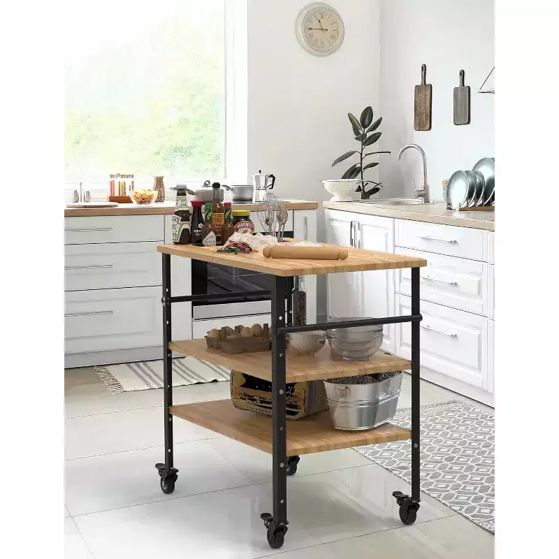 3-Tier Bamboo Pizza Oven Table with 4 Wheels, Outdoor Grill Cart, Bar Cart Food Prep Table, Kitchen Grill Table, Wood Color 33x20x35.5in