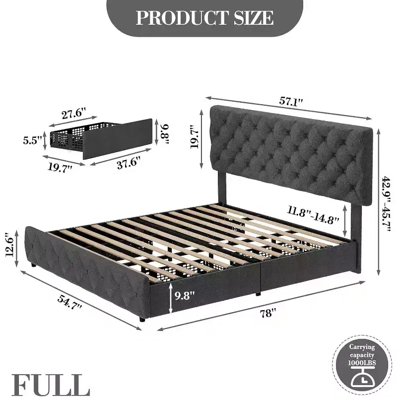 Full Size Bed Frame with 4 Storage Drawers & Headboard,Linen Upholstered Platform Bed Frame,Stylish Diamond Tufted Design, No Box Spring Needed |Grey