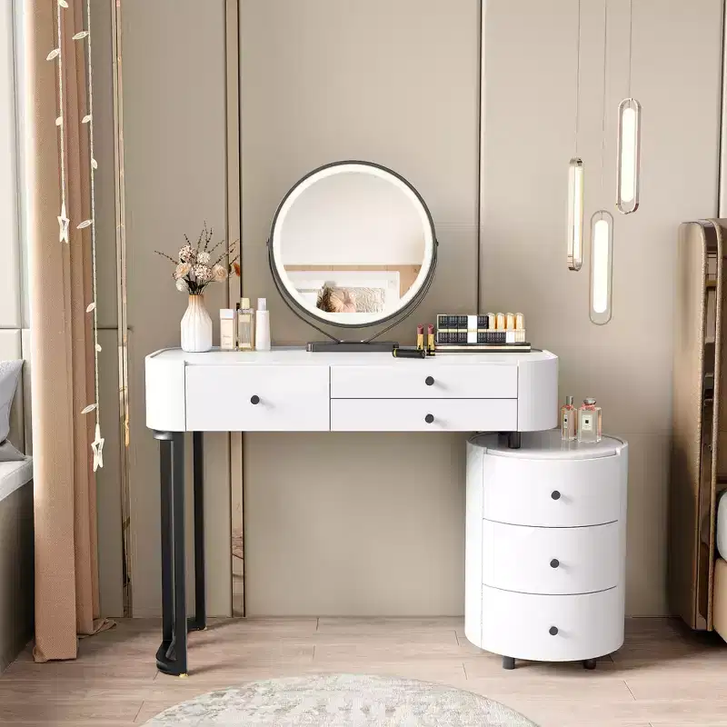 GDFStudio Mino Modern Vanity Table with Detachable Mirror, 6 Drawers and Rotatable Side