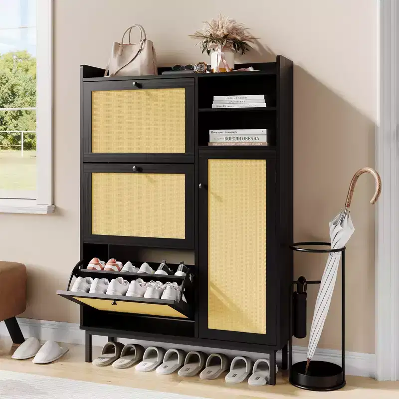 Shoe Storage Cabinet with 4 Flip Drawers, Hidden Shoe Storage Organizer with Rattan Doors, Freestanding Shoe Rack Cabinet For Living Room, Brown