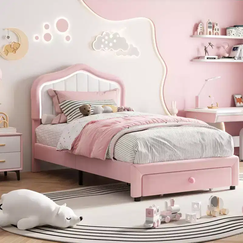 Twin Upholstered Bed Frame Storage Drawer Princess Style Soft HeadboardPink White