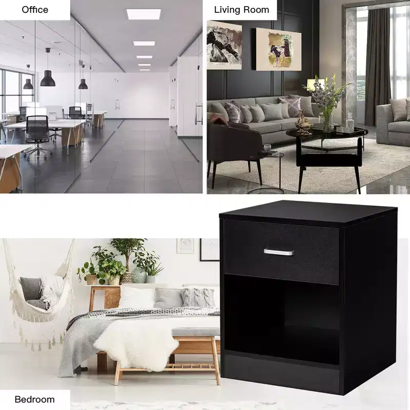 Modern Nightstand with Drawer and Open Shelf Black/Brown