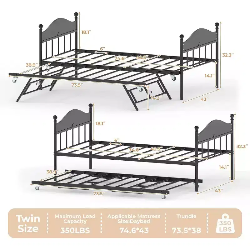 Twin Daybed with Trundle  Stylish Metal Sofa Bed Frame, Pop-Up Trundle, Perfect for Any Space