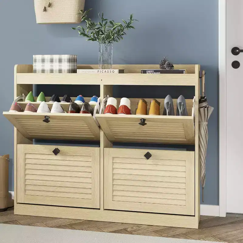 Large Rattan Shoe Storage Cabinet with 4 Flip Drawers, Freestanding Shoe Organizer with Wooden Legs, Narrow Shoe Rack Cabinet