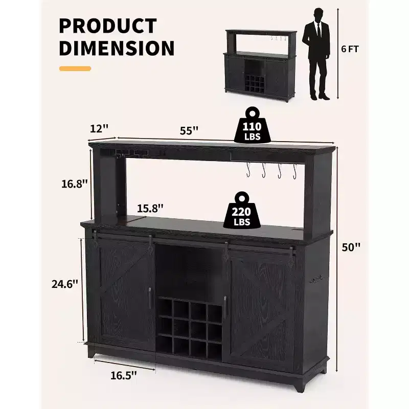 55 Inch Coffee Bar Cabinet with Sliding Barn Door, Wine Glass Rack Storage for Dining Room