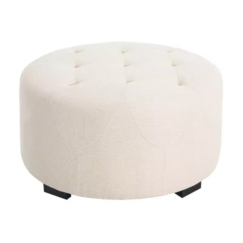 Round Button Tufted Ottoman, PU/Linen Upholstered Footstool with Birch Wood Legs