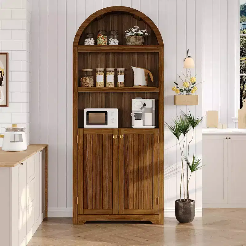 GustoWave 71.6 Tall Arched Cabinet,5 Tier Bookcase Arched Book Shelf with Doors and Adjustable Shelves,Storage cabinet